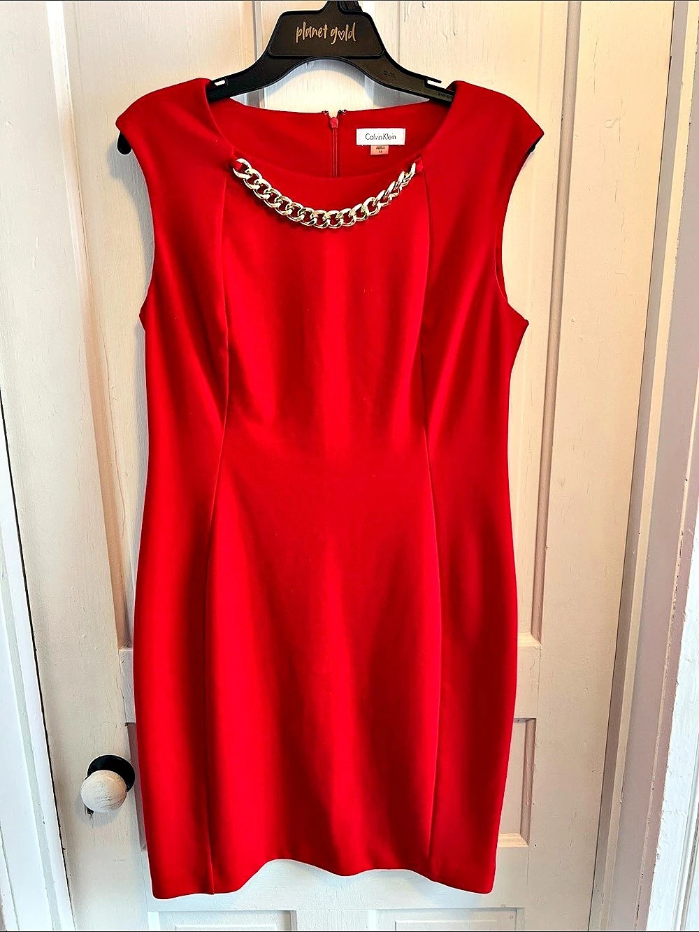 Calvin Klein Sleeveless Sheath Dress Chain Detail Red Mini Like New